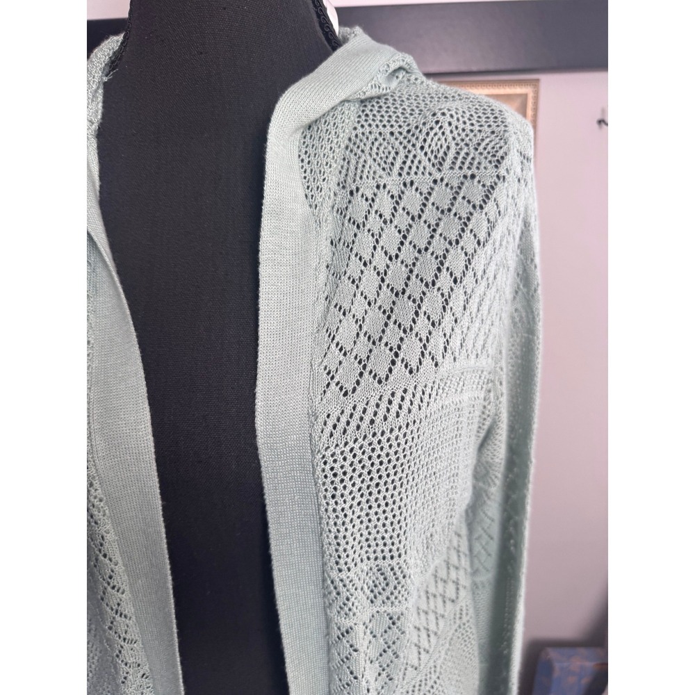 Coastal Grandmother Vintage Sage Green Boho Pointelle Knit Hooded Cardigan Small - Picture 6 of 7